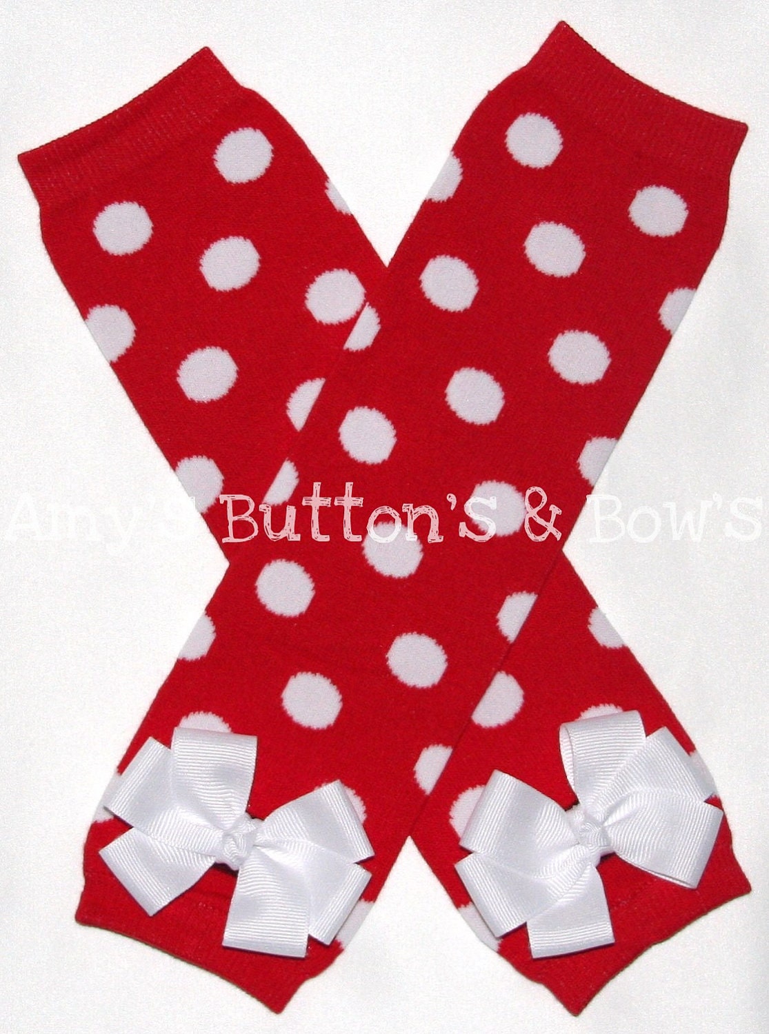 Red with white polka dots leg warmers w/attached white hair bows for added cuteness