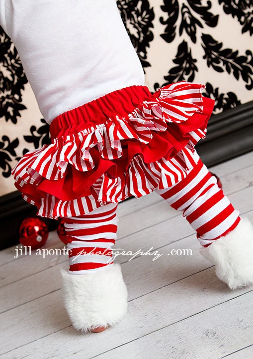 LONG SLEEVE Christmas white and red striped candy cane onesie striped ruffle bloomers diaper cover w/fabric rolled rosette headband