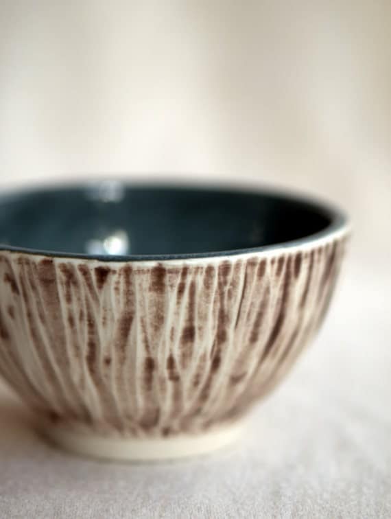 Small Rustic Porcelain Bowl in Ivory and Soft Teal