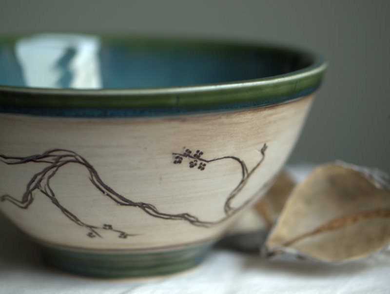 Teal and Cream Serving Bowl with Cherry Blossom Detail