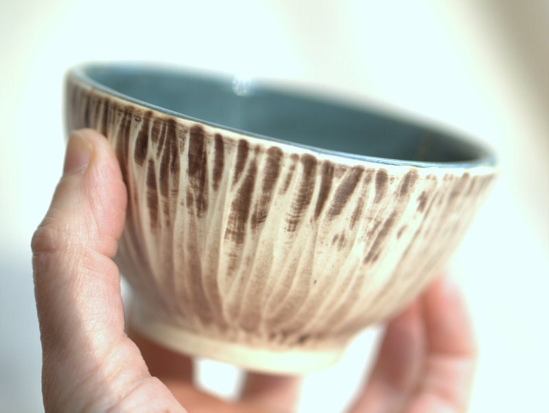 Small Rustic Porcelain Bowl in Ivory and Soft Teal