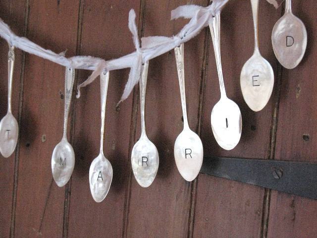 Vintage Silverware Silver Plate Teaspoon Just Married Wedding Banner Garland for Reception