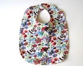 Bib, organic reversible bib, flowers, bees, ladybugs, stripes, red, blue, handmade, baby gift, shower gift