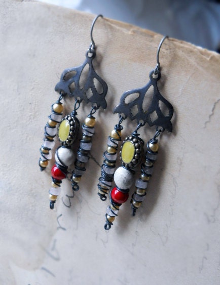 SALE - Chandelier Earrings - Beaded Earrings - Rose Quartz, Vintage Glass Pearls, Polymer Clay, Red, White. Pink - Rustic Earrings