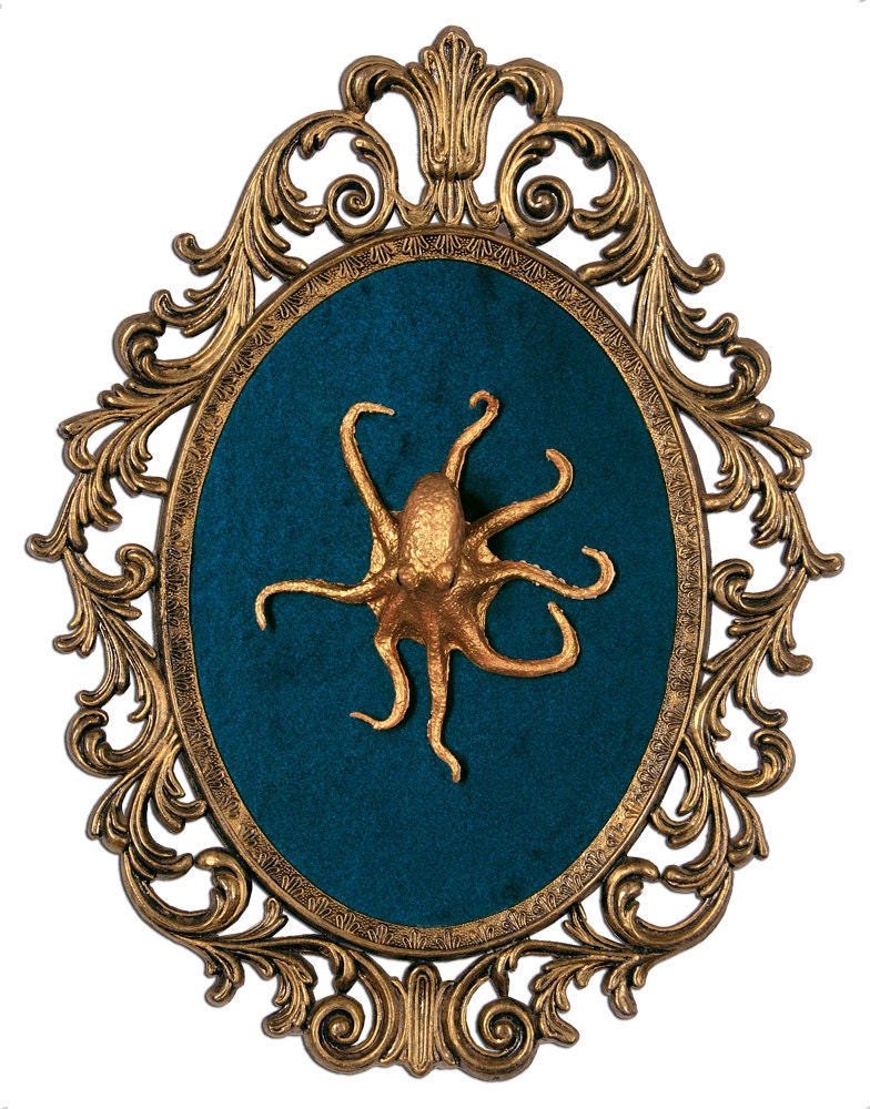Gold Octopus Mounted in Victorian Frame - Wall Art Decor 10.5x13.5 inches