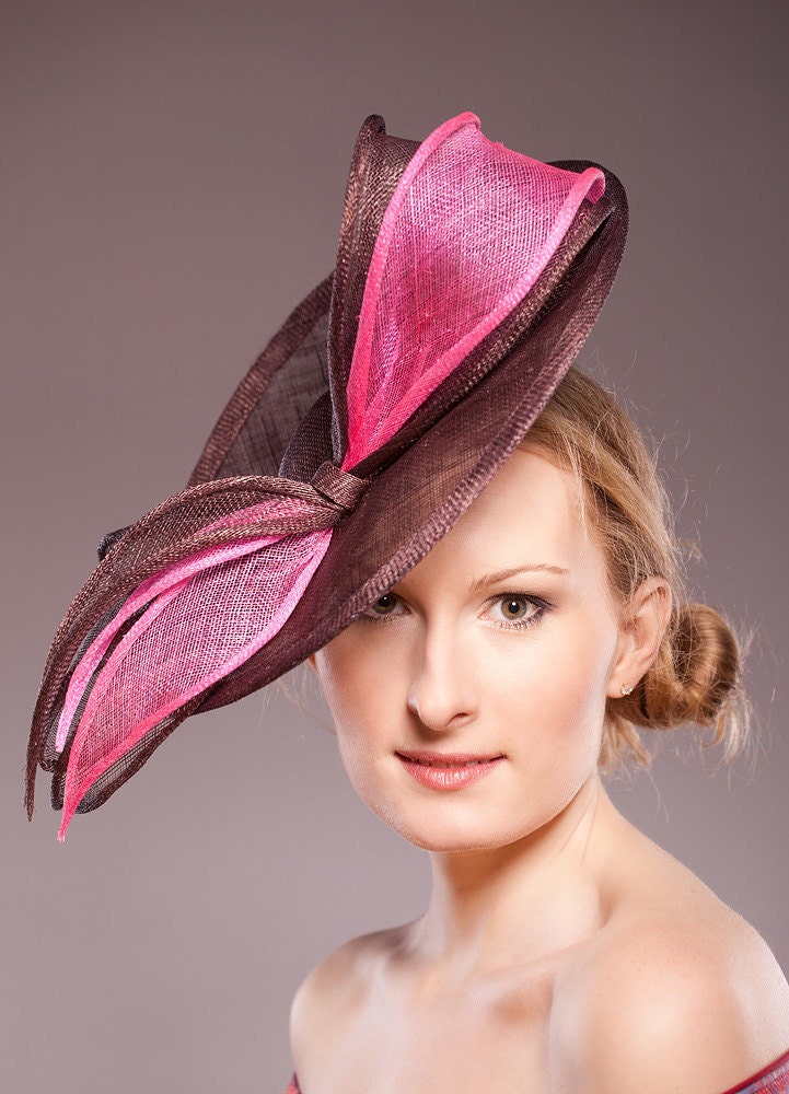 Brown Straw Saucer Hat Women Races Hats Ladies Pale Pink Bow Oversized Hat Cocktail Wedding Racing  Fascinator Raspberry Handmade