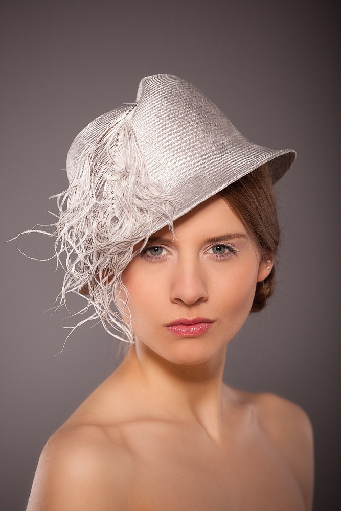Grey Straw Hat The Great Gatsby Inspired 1920's Gray Silver Summer Races Swarovski Rhinestones Weddings Ostrich Feather Racing Wear Women