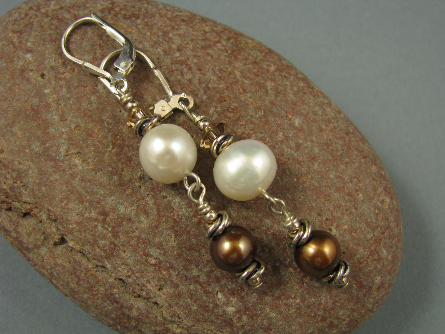Bronze Freshwater Pearl, Swarovski Crystal, Bali Dangle, Sterling Leverback Earring