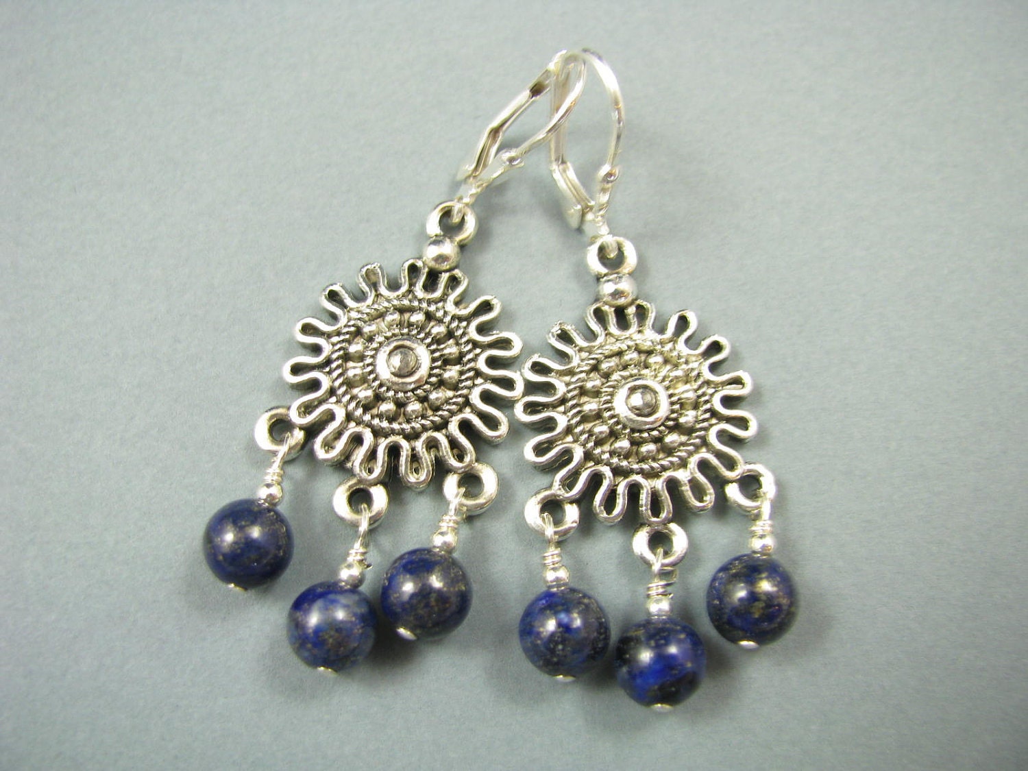 Earring. GENUINE LAPIS, Ornate Vintage Look Chandelier, Sterling Leverback