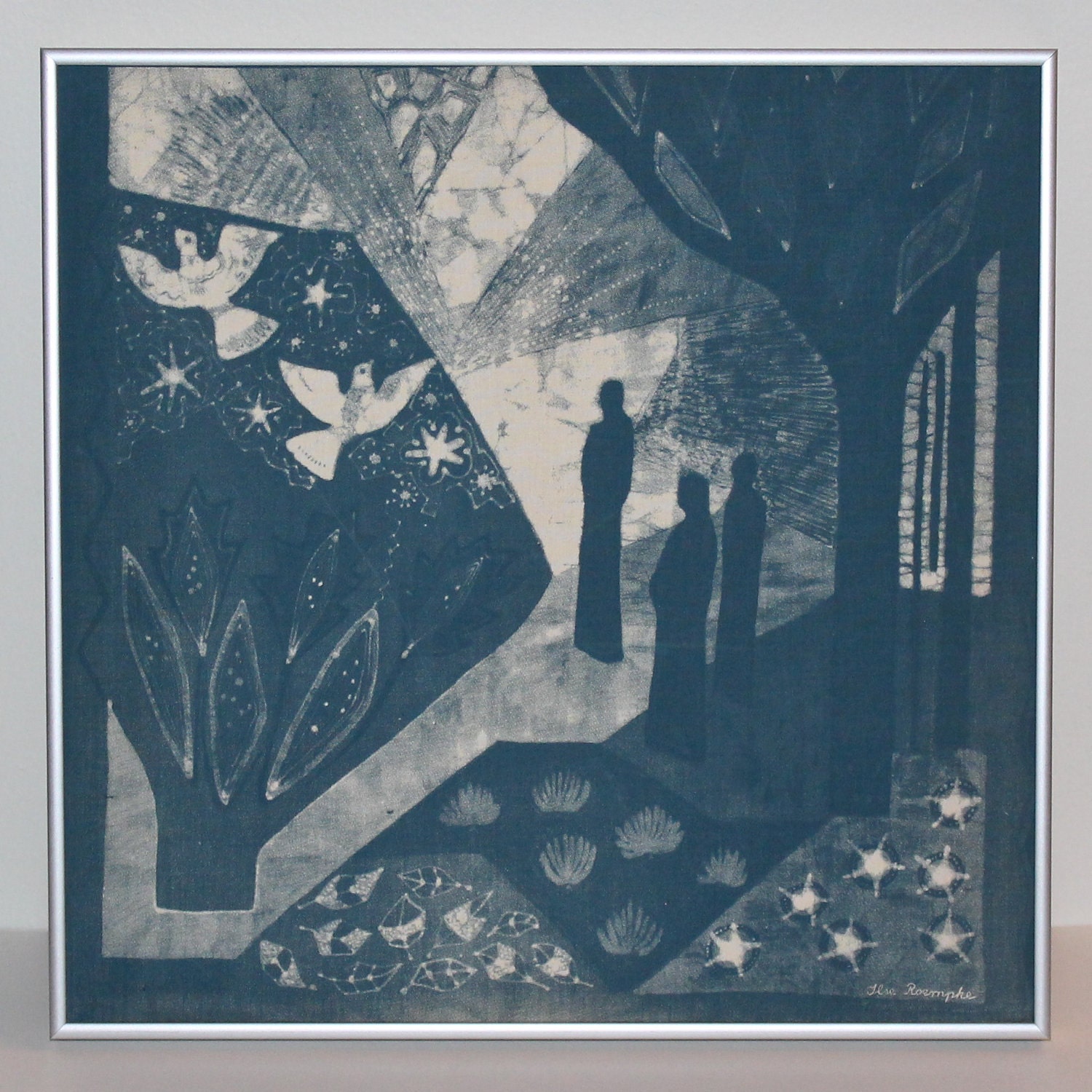 Danish Modern Framed Textile in Blue and White by Ilse Roempke Claeson