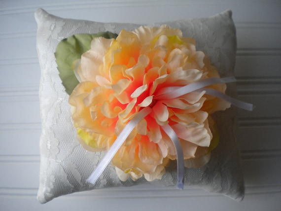 Peach Peony Ring Bearer Pillow with Vintage Lace