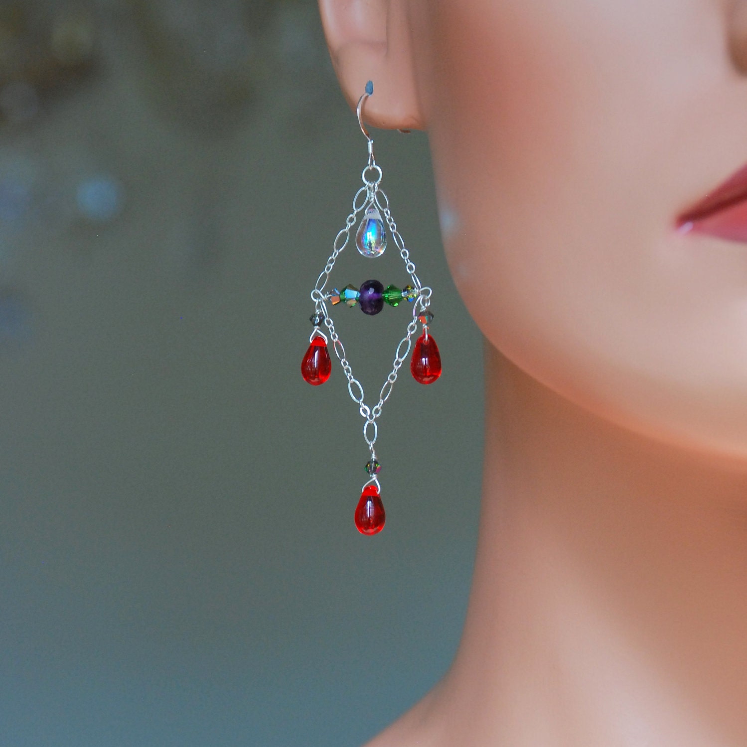 SALE - Kaleidoscope - Silver Chandelier Earrings, Amethyst and Swarovski Crystals Earrings, Glass Dangle Earrings