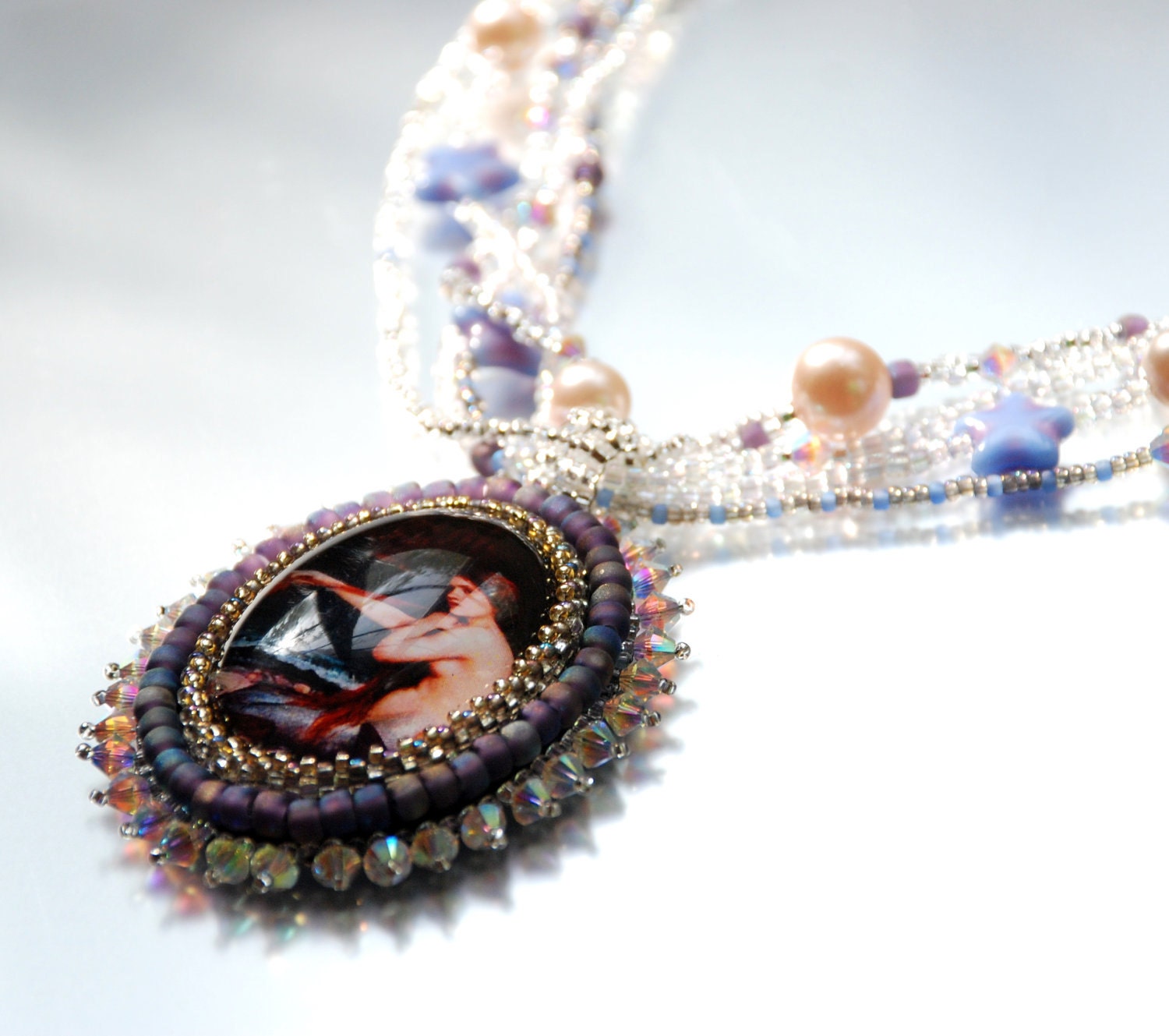 Mermaid - Edwardian Lavender Purple Beaded Necklace with Swarovski Crystals and Glass, Beaded Pendant Necklace, Glass and Pearl