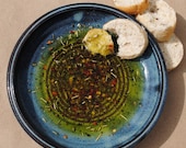 Garlic Grater - Oil Dipping Dish - Delicious Herb Recipe Included - Denim Blue Glaze
