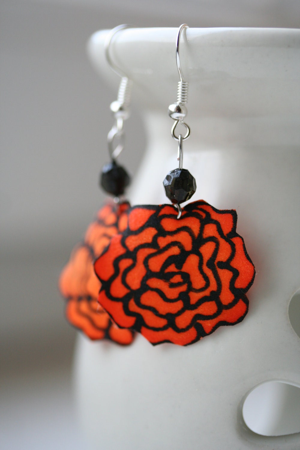 Orange Rose Silk Earrings- Handpainted