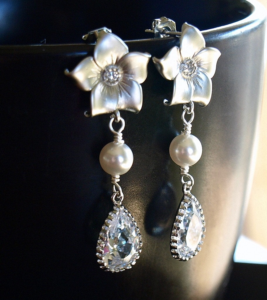 RhinestoneFlower, Swarovski Crystal and Pearl Dangle Earrings