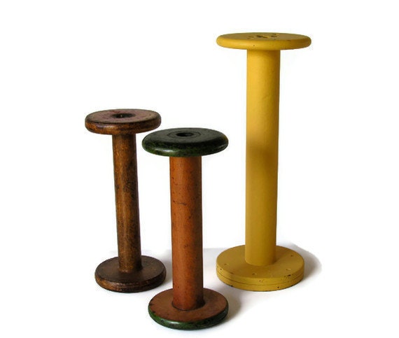 Vintage Large Wooden Spools Rustic Yellow Red Green Instant Primitive Collection
