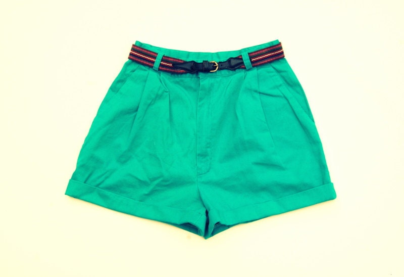 Teal pleated high waist belted shorts 1990s VTG