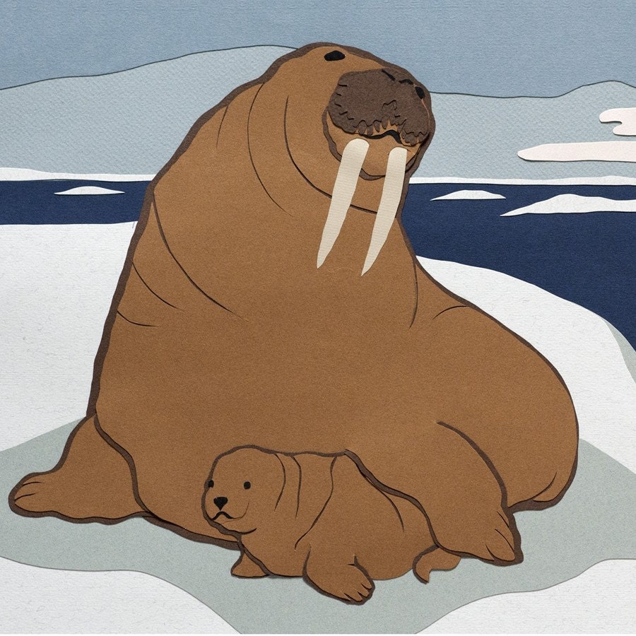 Walrus Mother and Baby Giclee Art Print