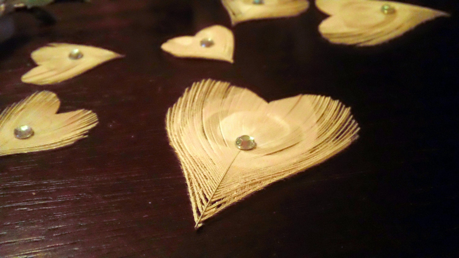 Bleached Peacock Feather Hearts- SET OF 50 Peacock Wedding Decorations Favors