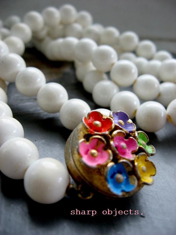 YOU FANCY - long pearl bauble strand, antique brass & colorful metalwork bouquet / flower clasp NECKLACE