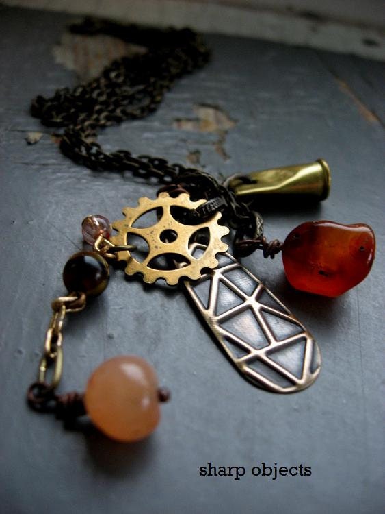 TAG and BULLET - aged brass, organic red and pink stone & stamped antique metalwork charm chain NECKLACE