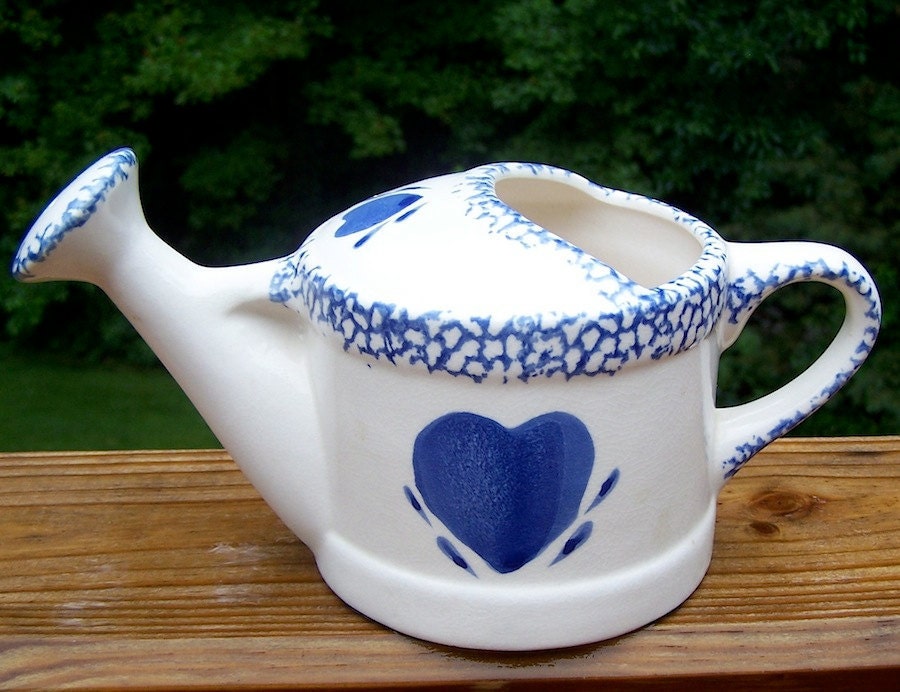 Vintage Spongeware Ceramic Watering Can with Blue Heart Design Shabby Chic Cottage Kitchen Decor