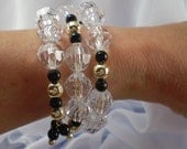 Memory Wire Bracelet Gold Black Rounds Clear Faceted Acrylic Beads