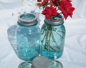 Mason Jar Vase Flower Frog Lid Antique Blue Mason Jars, Ball Zinc Lid, 2 Flower Centerpiece Vases, Weddings, Handmade Flower Frog Lids