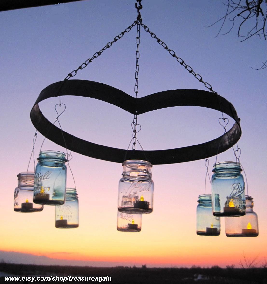 Heart Candle Mason Jar Chandelier, Wine Barrel, Ball Jar Candle Lanterns, Upcycled Lighting, Romantic Vintage Garden, Weddings