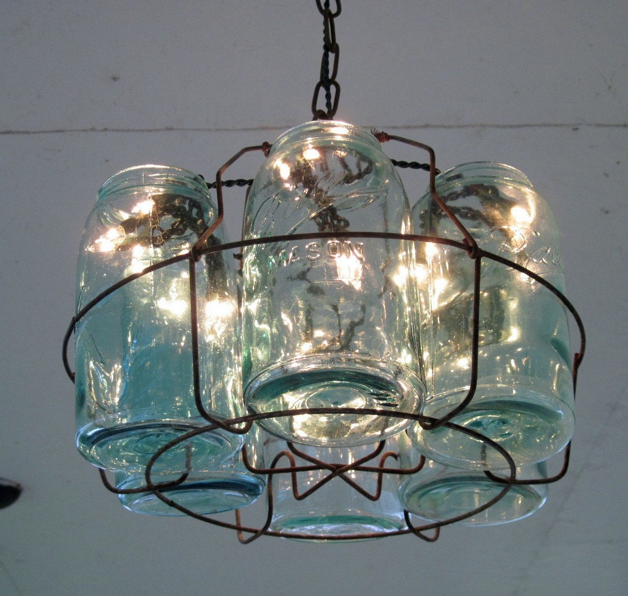 Vintage Chandeliar, Antique Mason Jars  Chandeliar, 6 Blue 1-QUART Jars and Wire Basket , Upcycled Lighting, Weddings,Garden Party