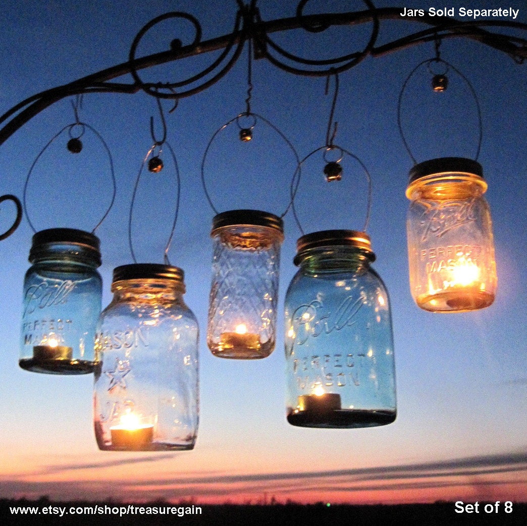 Candle Jar Gifts 8 DIY Hostess or Favor Gifts, Silver Gold Mason Jar Party Lanterns with Bell Decor, Hanging Lids Only,No Jars