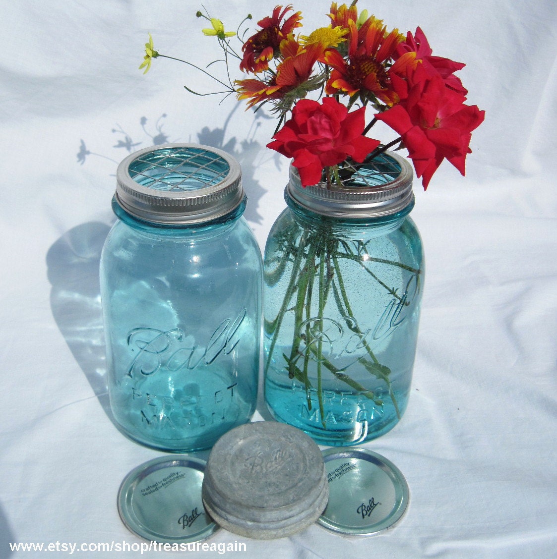 Mason Jar Vase Flower Frog Lid Antique Blue Mason Jars, Ball Zinc Lid, 2 Flower Centerpiece Vases, Weddings, Handmade Flower Frog Lids