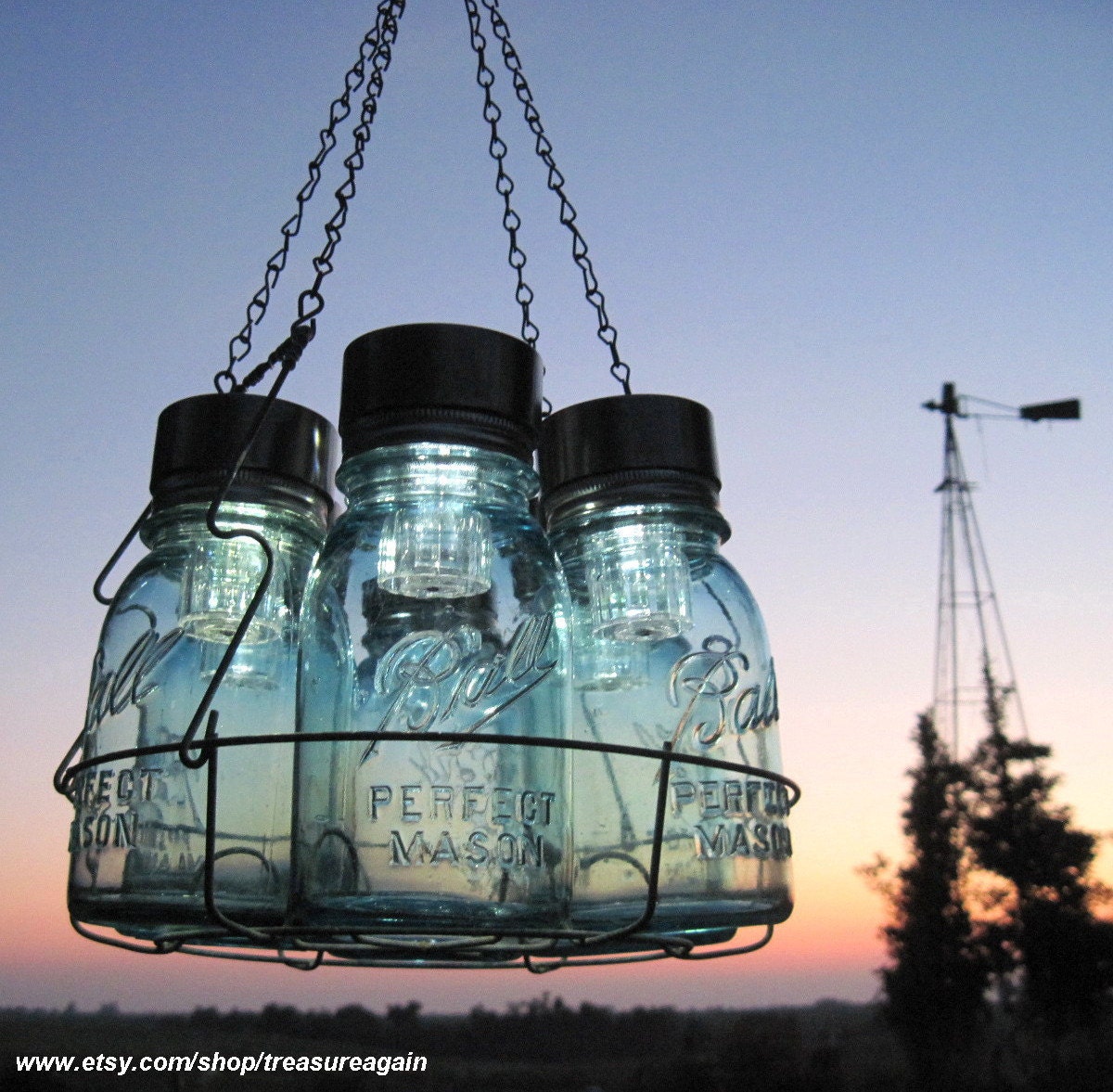Solar Mason Jar Chandelier, Mason Jar Hanging Chandelier, Candles Garden Country Barn Rustic Wedding Original Mason Jar Solar Light Design