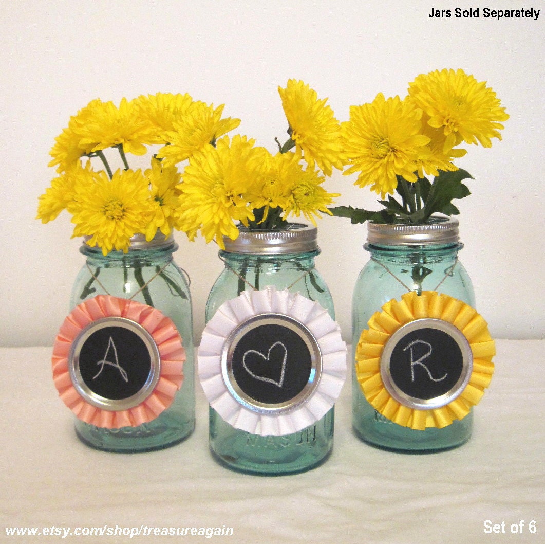 Yellow Chalkboard Tags 6 Ball Mason Jar Centerpiece Decorations for Weddings, Birthday Parties, or Events, Upcycled Rossette Ribbons