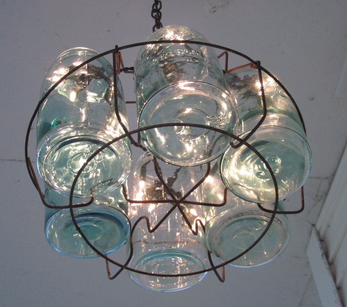 Vintage Chandeliar, Antique Mason Jars  Chandeliar, 6 Blue 1-QUART Jars and Wire Basket , Upcycled Lighting, Weddings,Garden Party