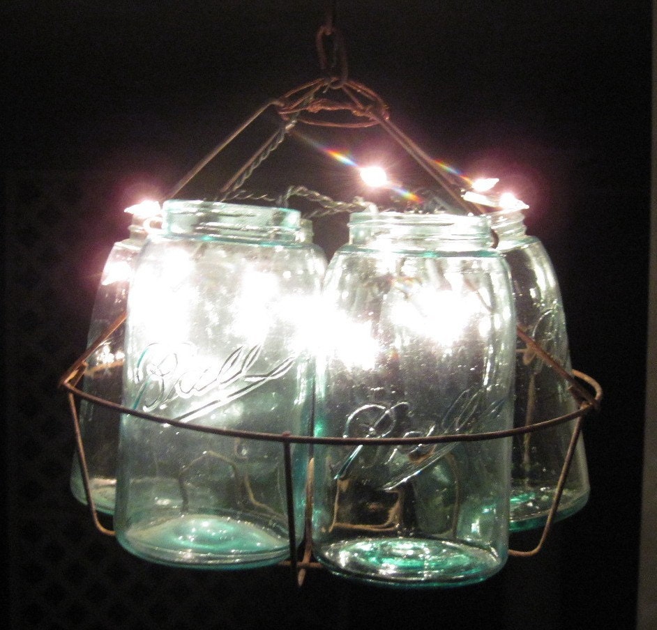 Vintage Chandeliar, Antique Mason Jars  Chandeliar, 6 Blue 1-QUART Jars and Wire Basket , Upcycled Lighting, Weddings,Garden Party
