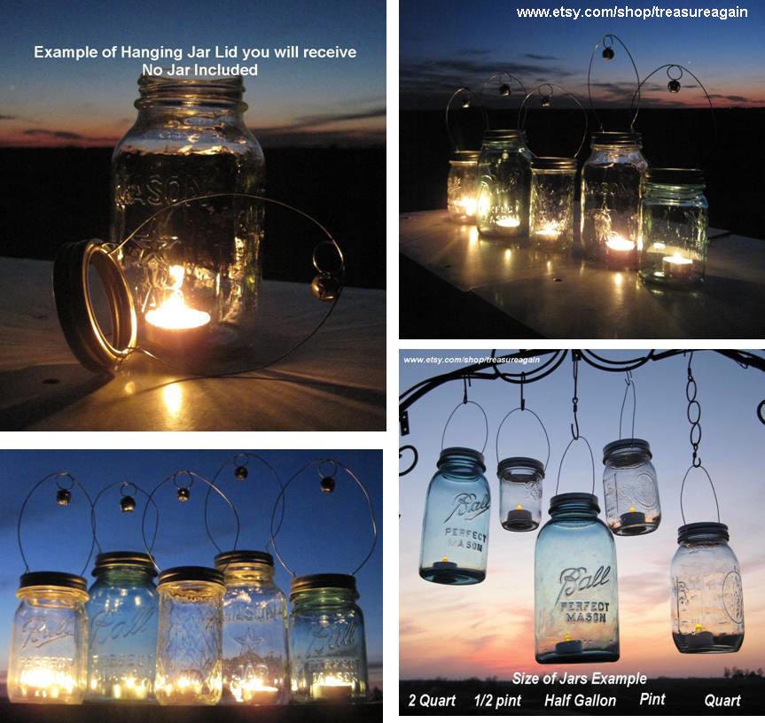 Candle Jar Gifts 8 DIY Hostess or Favor Gifts, Silver Gold Mason Jar Party Lanterns with Bell Decor, Hanging Lids Only,No Jars