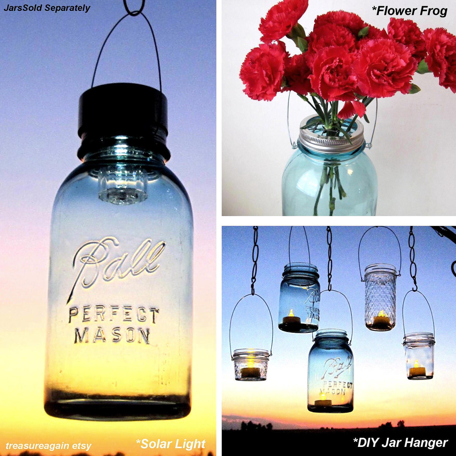 Variety Pack Mason Jar Lids plus Hanger- Solar Light Lid, Flower Frog Lid, & DIY Jar Hanger, Garden, Wedding, 3 Assesories- No Jars