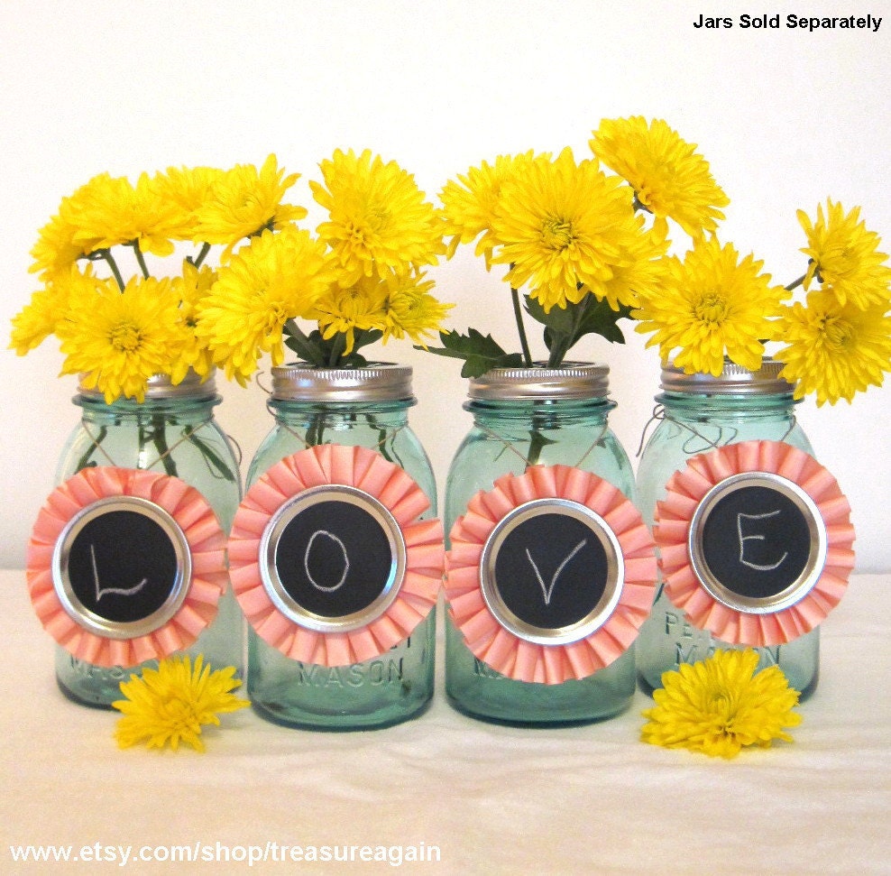 6  Pink Ribbon Chalkboard Mason Jar Centerpiece Decorations for Weddings, Birthday Parties, or Events, Upcycled Ribbons