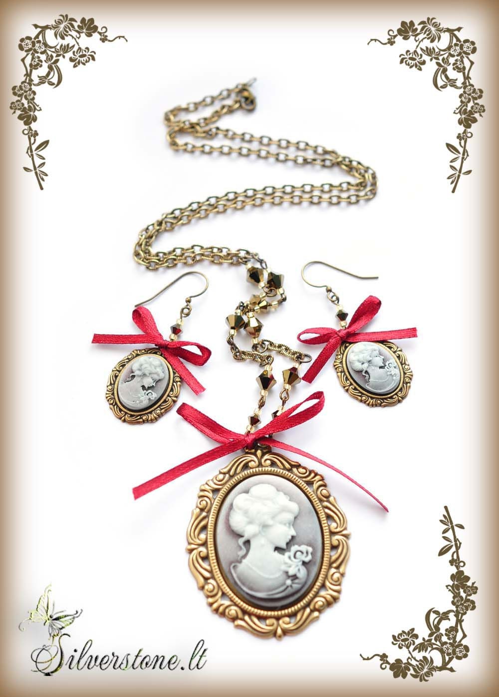 Victorian style brass jewelry set with cameo earrings and necklace