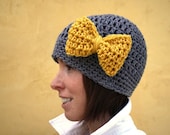 Minnie's Grey Crochet Hat with Bright Yellow Bow