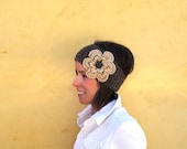 Winter Crochet Headband Earwarmer in Brown Speckled with Cream Flower