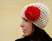 Winter White Crochet Beanie with Holiday Red Fabric Flower