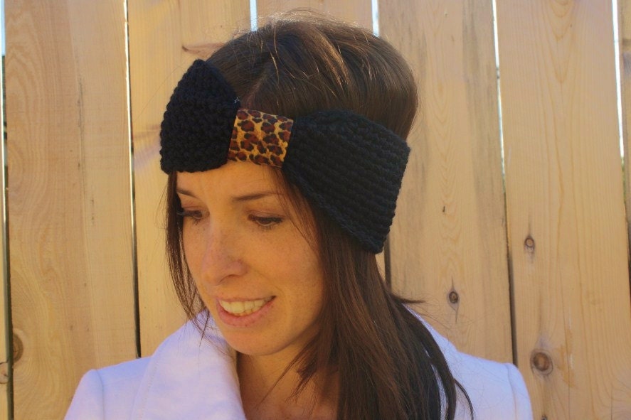 Winter Black Turban Headband with Leopard Print Band