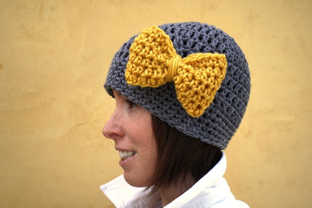Minnie's Grey Crochet Hat with Bright Yellow Bow