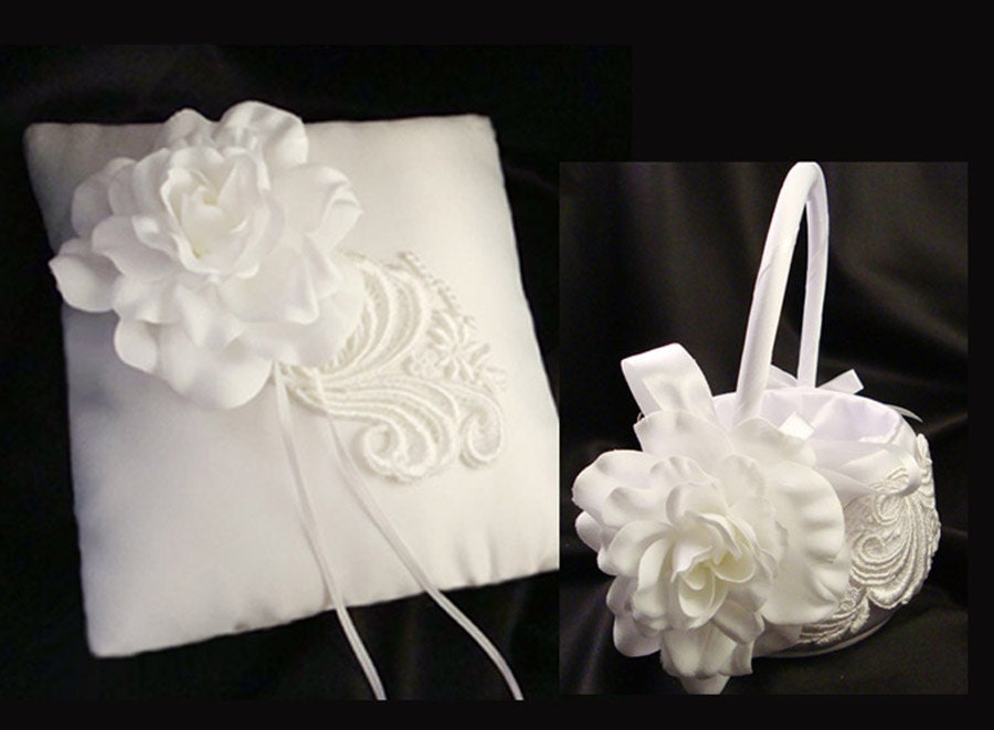 Jessica Collection Ring Bearer - Flower Girl Set. Camellia Blooms in White Satin and Alencon Lace