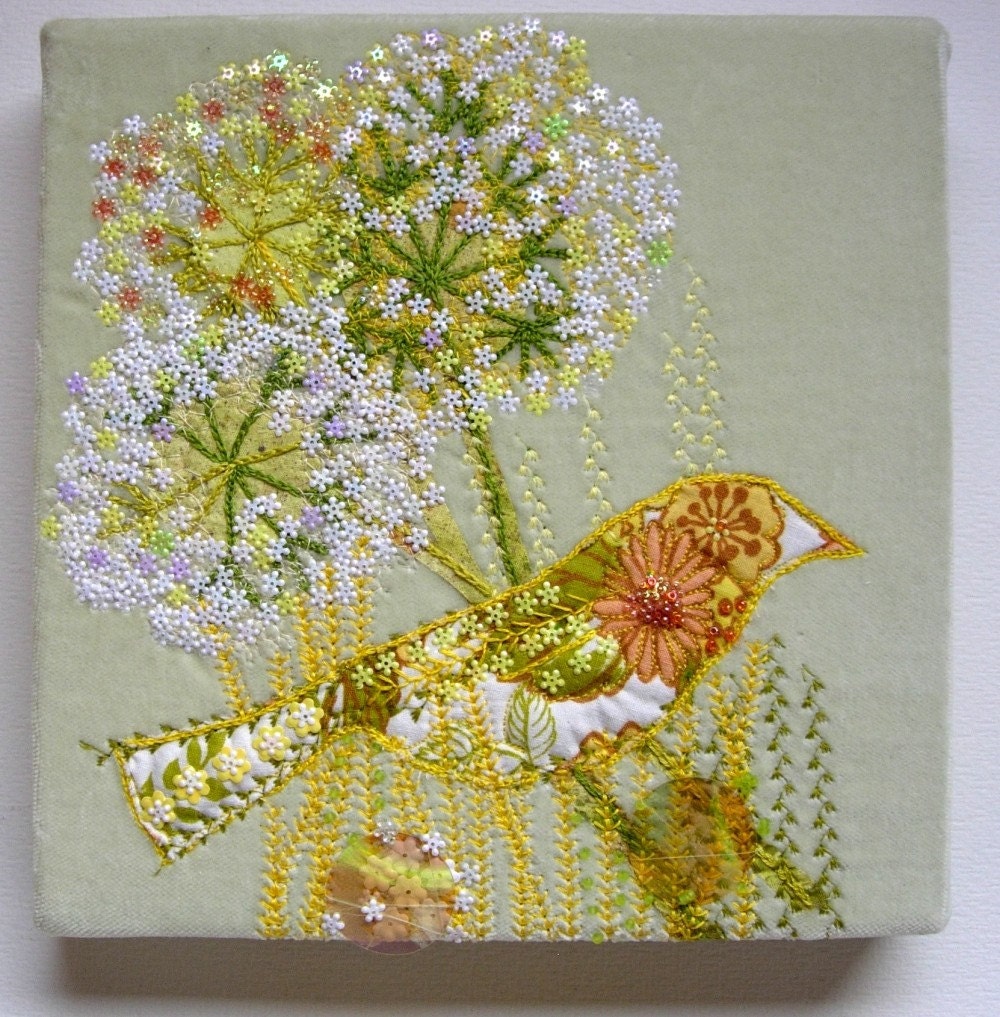 Yellowhammer Bird Original Embroidered Textile Art Wallpiece OOAK