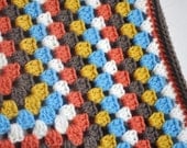 Baby Blanket Granny Square  Brown Terra Cotta Blue Gold