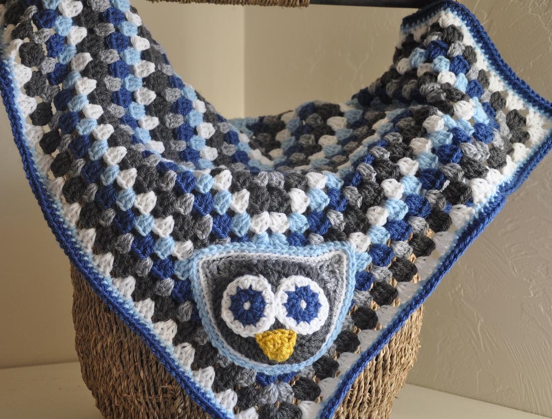 Owl Granny Square Baby Blanket Blue Grey